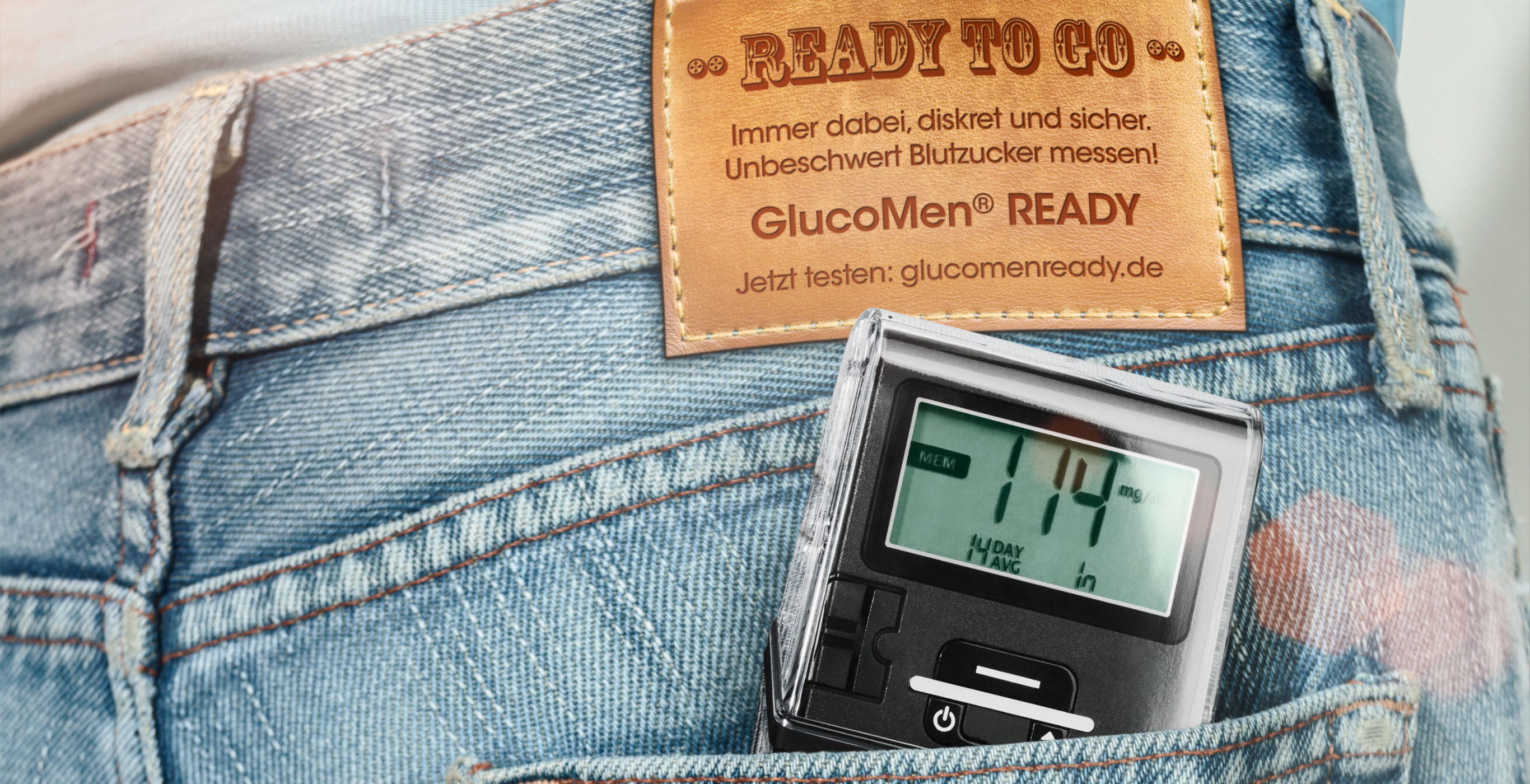 Key Visual des Product Launchs der Healthcare Werbeangentur mcs mit dem GlucoMen® READY in der Hosentasche